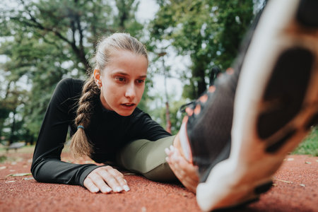 Young woman stretching on a park pathway during a fitness sessionの写真素材