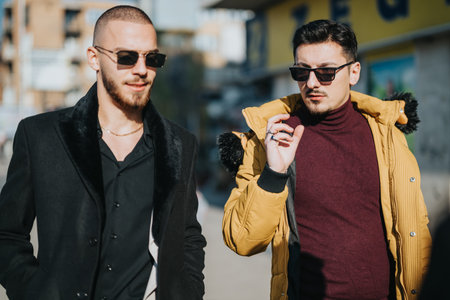 Two stylish young men confidently walking outdoors on a sunny urban dayの写真素材