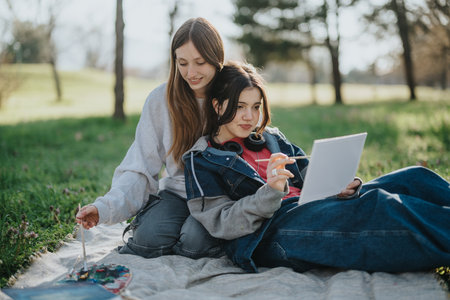 Teenage friends spending quality time painting outdoors on a sunny dayの写真素材