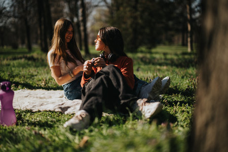 Two friends enjoying a sunny day in the park while sitting on a blanket surrounded by natureの写真素材