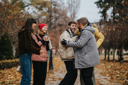 Group of Friends Laughing and Enjoying a Winter Day in a Park