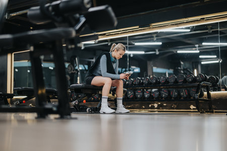 Young Woman Resting on a Bench in a Modern Gym Environmentの写真素材