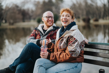 Smiling couple enjoying their time together on a park bench outdoorsの写真素材