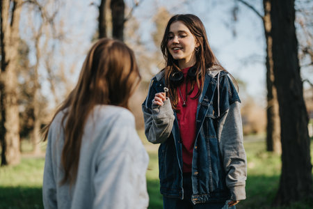 Two Teen Girls Enjoying a Friendly Conversation Outdoors in a Parkの写真素材