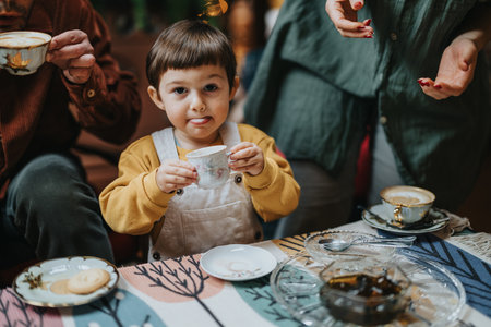 Child Enjoying Tea with Family in a Warm Indoor Setting
