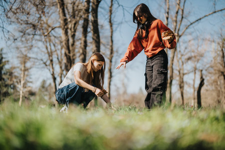 Two friends enjoying a sunny day gathering leaves in a parkの写真素材