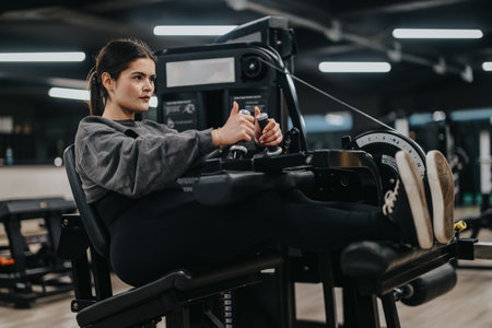 Young woman exercising with a leg press machine in a modern fitness center