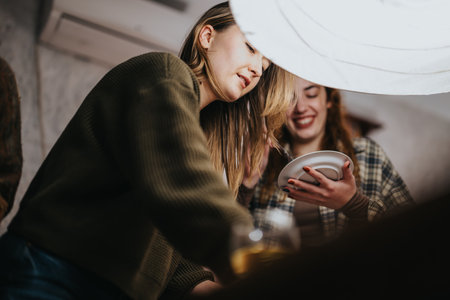Young women enjoying time together in a cozy indoor settingの写真素材
