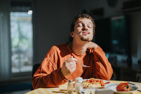 Young man enjoying a meal with a satisfied expression in a cozy kitchenの写真素材