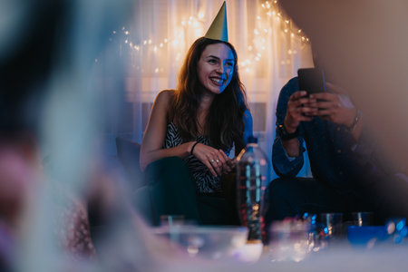 Smiling woman wearing party hat enjoying a birthday celebration with friendsの写真素材