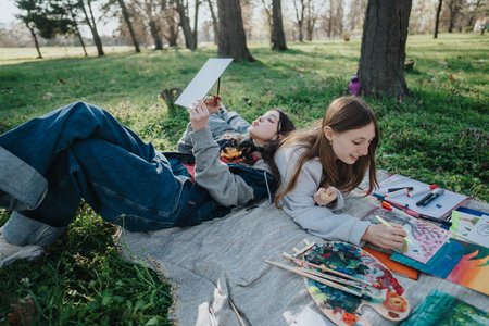 Teenage girls enjoying a relaxing day outdoors with art and creativity under the treesの写真素材