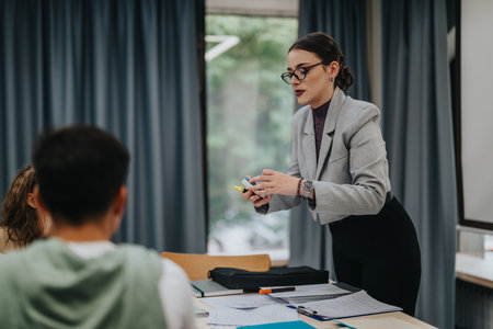 Female teacher engaging with students during classroom presentationの写真素材