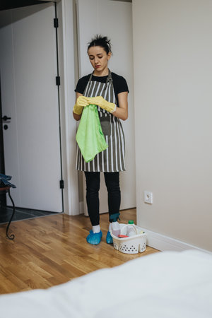Woman in aprons cleaning room with supplies in basket, hardwood floorの写真素材