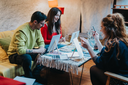 Friends Enjoying a Creative Painting Session Together Indoorsの写真素材