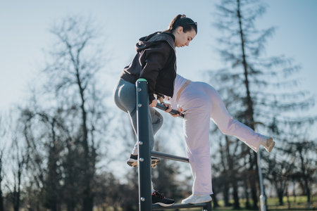 Two women enjoying outdoor exercise together in a park setting promoting active and healthy lifestyle.の写真素材