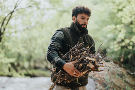 Man collecting firewood in a serene forest setting during daylight hoursの写真素材