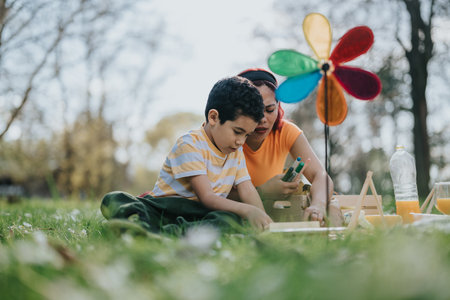Mother and child painting outdoors on a picnic in a sunny parkの写真素材