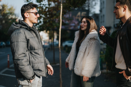 Friends enjoying a casual conversation outdoors on a sunny dayの写真素材