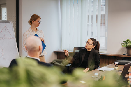Business people in a meeting discussing strategies in a modern office settingの写真素材