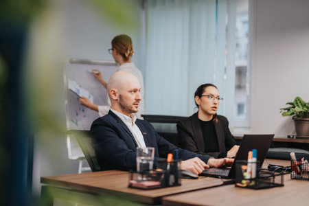Business people in a modern office setting collaborating on a projectの写真素材
