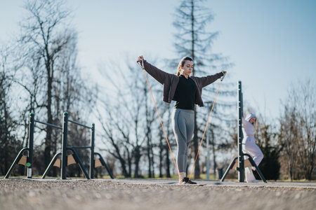Young woman exercises with resistance band outdoors during a sunny day, focusing on fitness in a park setting with trees and equipment.の写真素材