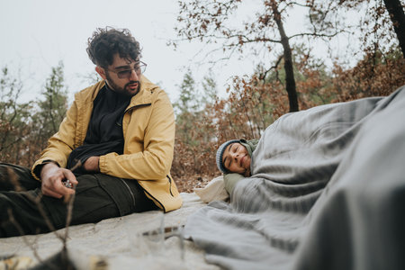 Young friends relaxing together outdoors surrounded by a natural forest settingの写真素材