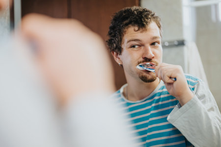 Young man brushing his teeth while looking at the mirror in a casual morning routineの写真素材