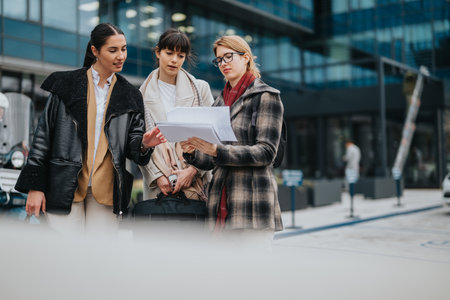 Three businesswomen discussing a project outdoors in a modern urban settingの写真素材