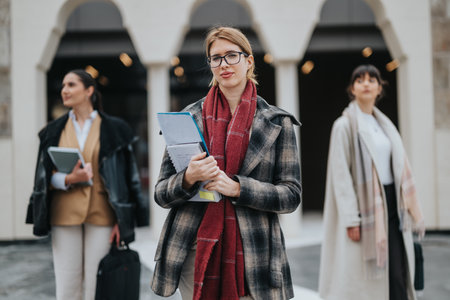 Professional women standing outdoors holding documents and exuding confidenceの写真素材