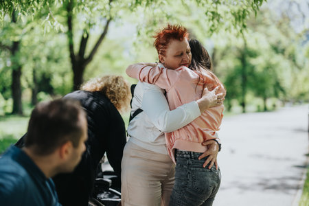 A touching moment of individuals sharing a warm hug in an outdoor park settingの写真素材