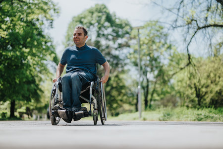 Man in a wheelchair smiling while enjoying a sunny day outdoors in a parkの写真素材