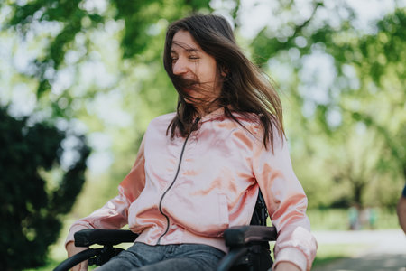 Young individual in a wheelchair enjoying outdoors on a breezy and sunny dayの写真素材