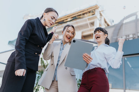 Three Female Entrepreneurs Celebrating Success on Tablet in Outdoor Business Settingの写真素材