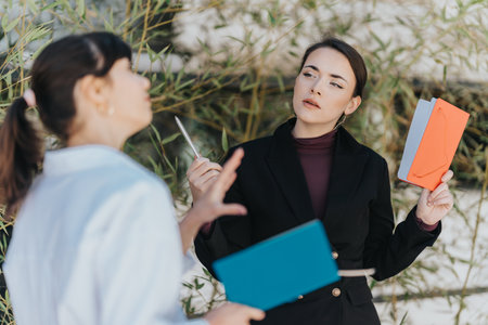 Two businesswomen engaged in a professional conversation outdoors, holding notebooks and discussing...