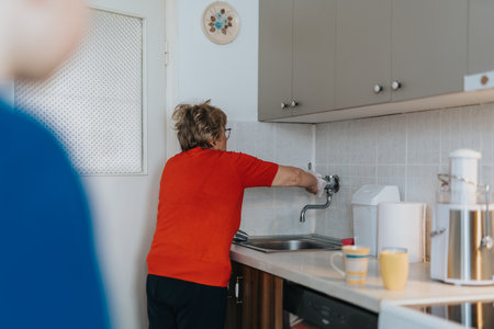 Elderly woman in red top engaged in daily kitchen tasks near modern sinkの写真素材