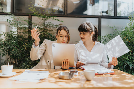 Two Engaged Young Professionals Collaborating at an Outdoor Office Deskの写真素材