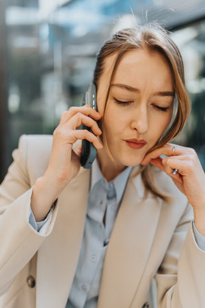 Confident Businesswoman Engaged in a Mobile Phone Conversation Outdoors