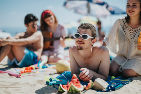Group of friends enjoying summer day at the beach with fun activitiesの写真素材