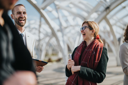 Business professionals sharing laughter in an outdoor settingの写真素材