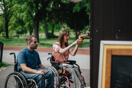 Two individuals in wheelchairs interacting at an outdoor kiosk in a parkの写真素材