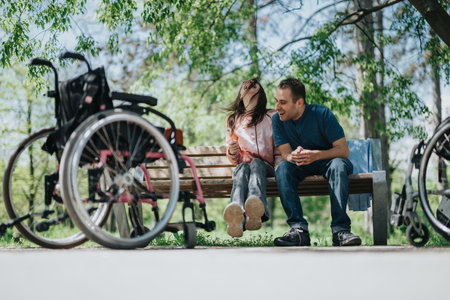 Couple enjoying a joyful moment on a park bench with wheelchairs nearby