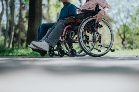 Two individuals in a park setting, focusing on one using a wheelchair, symbolizing friendship,...
