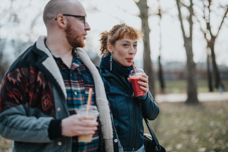 Couple enjoying drinks together during a stroll in a parkの写真素材