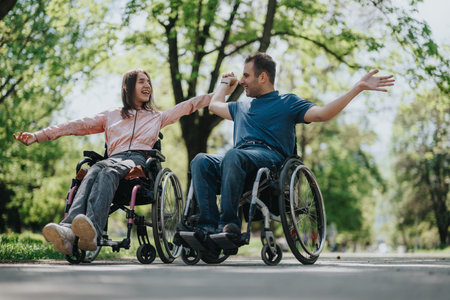 Two friends enjoying a joyful moment in the park with wheelchairs