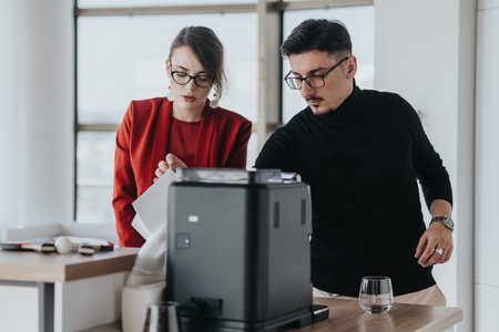 Colleagues using coffee machine in modern office kitchen