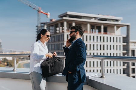 Business people discussing project on urban rooftopの写真素材