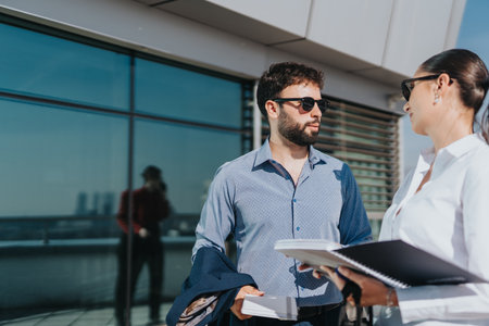 Business people discussing strategy on high-rise building balconyの写真素材
