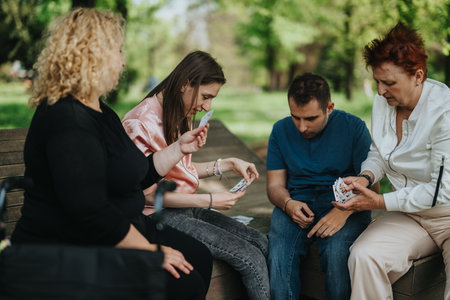Group of people playing cards together outdoors in a park on a sunny day