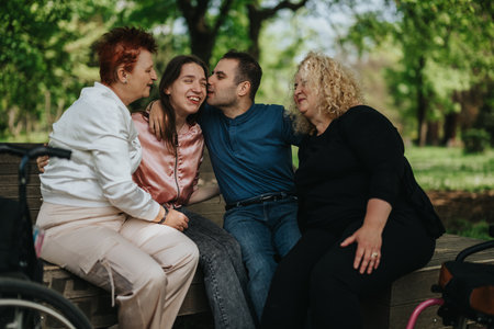 Family enjoying quality time together outdoors on a sunny dayの写真素材