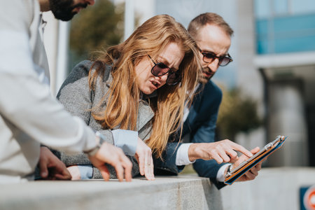 Business people analyzing project details on a tablet in outdoor settingの写真素材